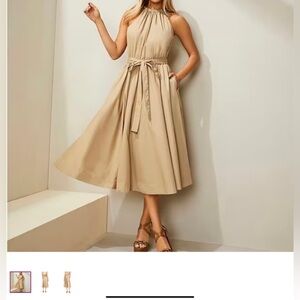 Michael Kors Chain-Neck Organic khaki Cotton Halter Belted Midi Dress Size Large